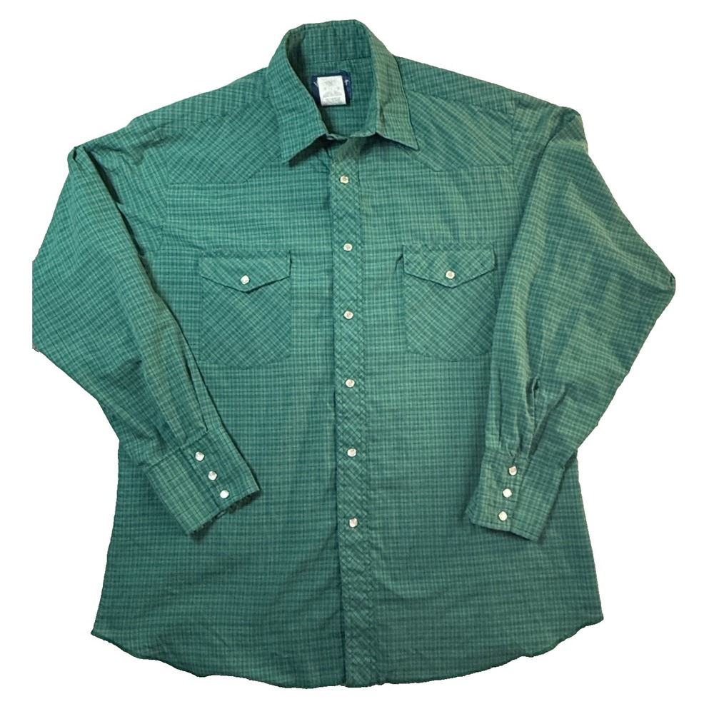 90s Wrangler Western Shirt Vintage Mens LG Green Plaid Pearl Snap Cowboycore
